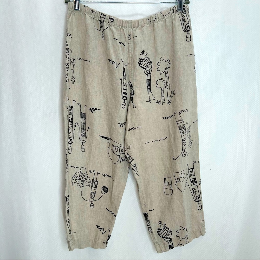 Chico's Beige Linen-Blend Cropped Pants with Black Sketch Print